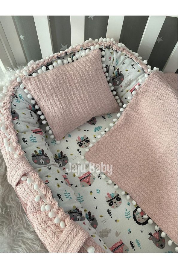 Jaju Baby Nest Blush Knitted Throw and Muslin Fabric with Pom Poms - Set of 3