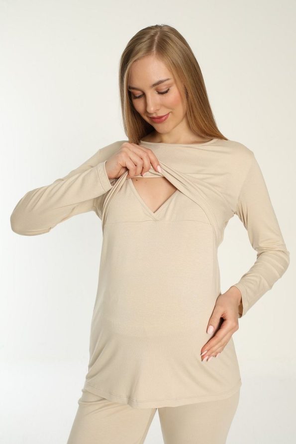Miss Dünya Lissa Beige Nursing-Friendly Long Sleeve Maternity Pajama Set