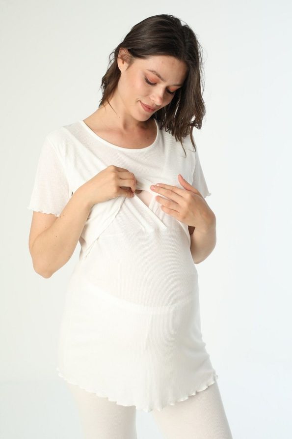 Miss World Lissa White Cotton Ribbed Knit Maternity and Nursing Pajama Set