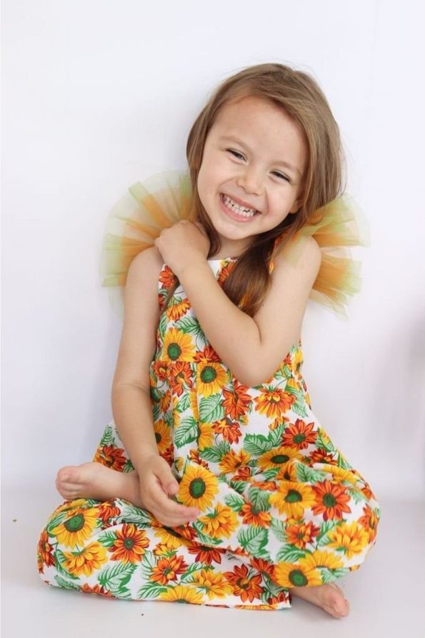 Le Petit Sole Sunflower Print Girls' Jumpsuit with Tulle Details