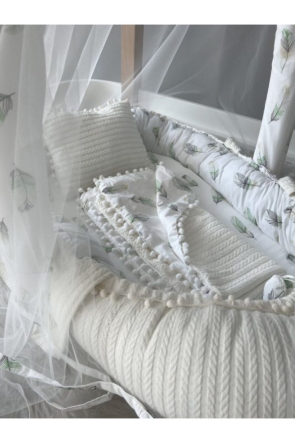 Jaju Baby Nest Knitted Fabric Feather Pattern Canopy Baby Nest and Blanket Set