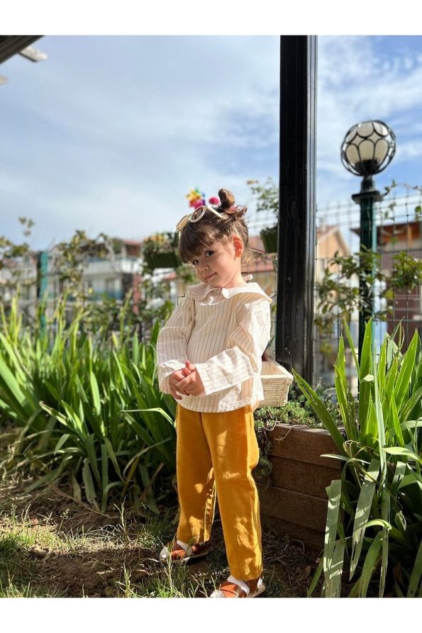 Blanie KIDS Baby Collar Raw Linen Girls Blouse and Pants Set