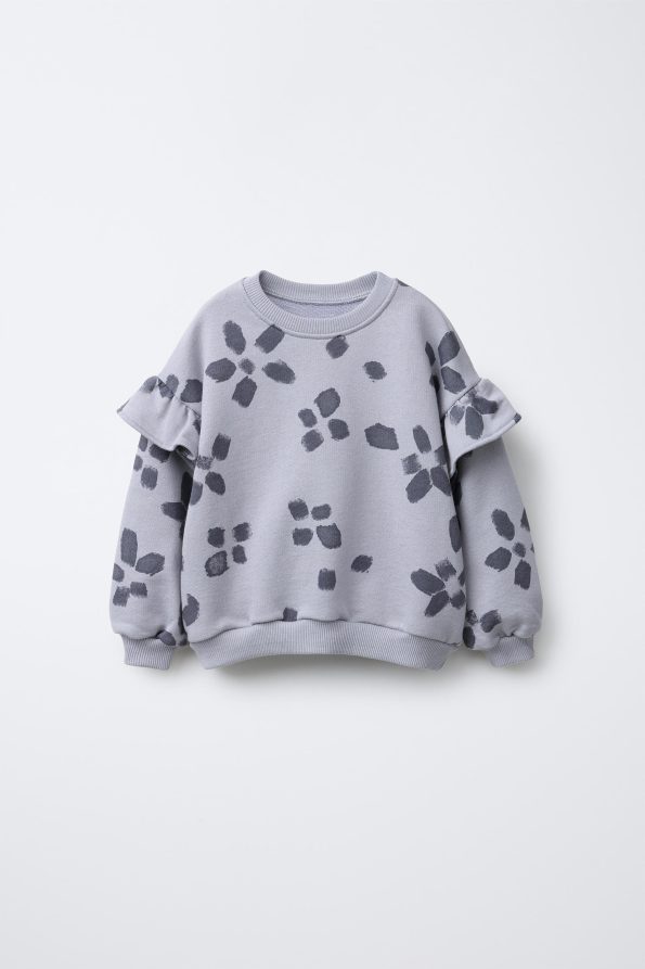 Girls' Cotton Grey Floral Sweatshirt and Leggings Set - Comfortable Fit with Ruffle Details