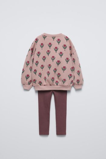 Girls' Cotton Pink Floral Patterned Sweatshirt and Leggings Set