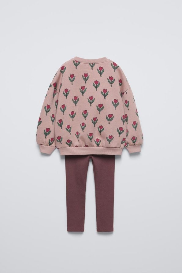 Girls' Cotton Pink Floral Patterned Sweatshirt and Leggings Set