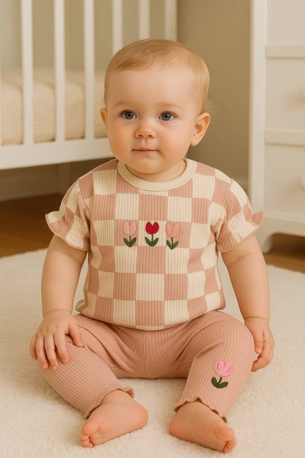 Girls' Baby Fitilli Square Pattern Two-Piece Set