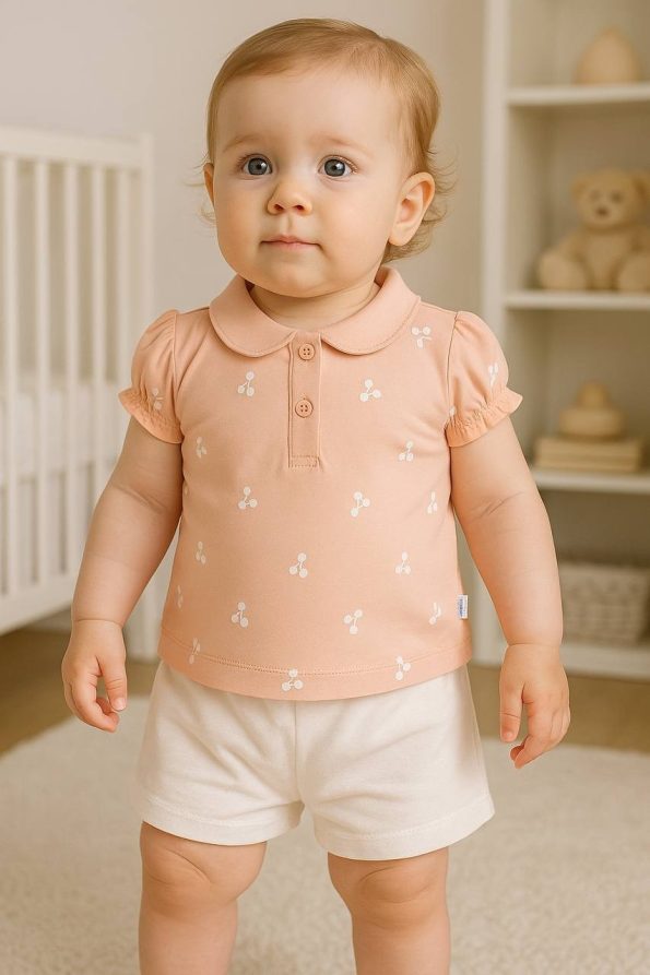 Girls' Cherry Print Collared Shorts Set