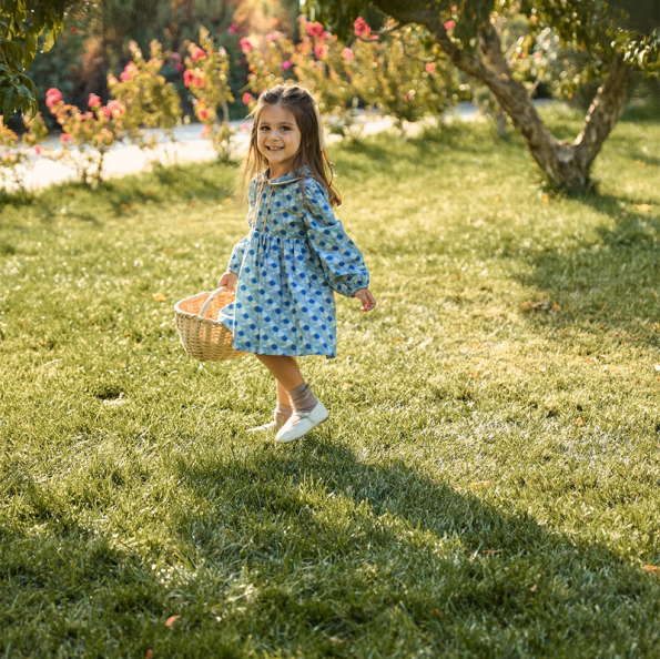 Floral Velvet Trimmed Blue Cotton Dress