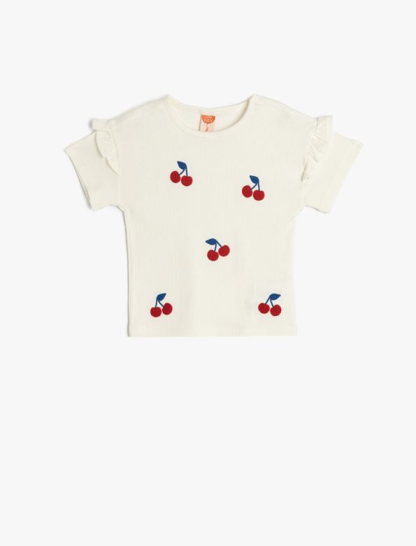 Girls' Cherry Embroidered Cotton Short Sleeve T-Shirt