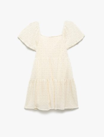 Girls' Short Sleeve Bicycle Neck Pleated Dress with Ruffle Detail