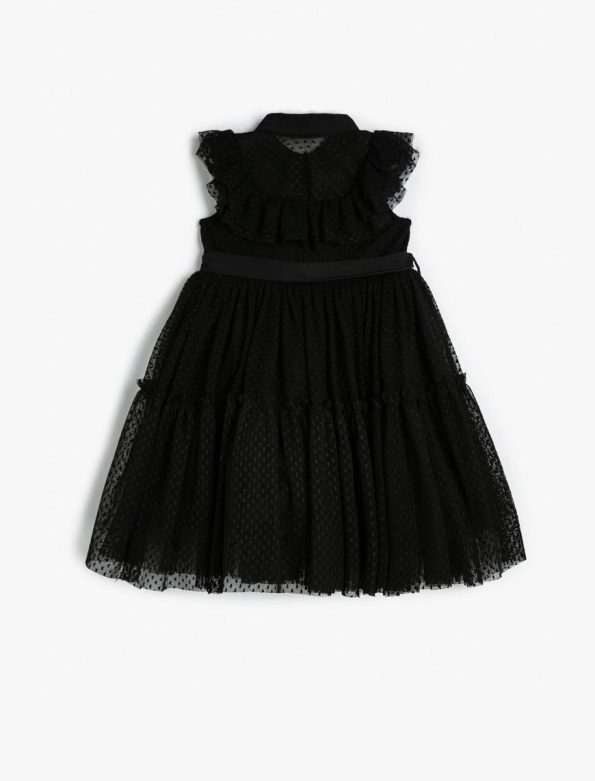Girls' Tulle Dress with Shirt Collar and Button Details