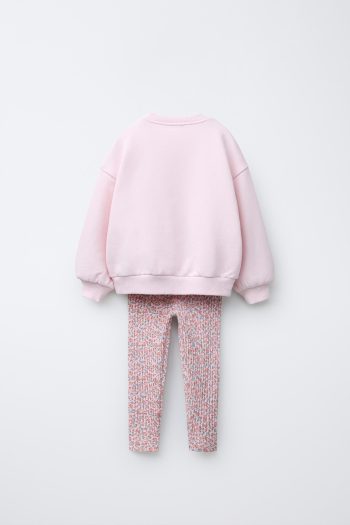 Girls' Cotton Pink Bow Patterned Sweatshirt and Floral Leggings Set