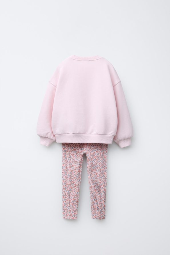 Girls' Cotton Pink Bow Patterned Sweatshirt and Floral Leggings Set