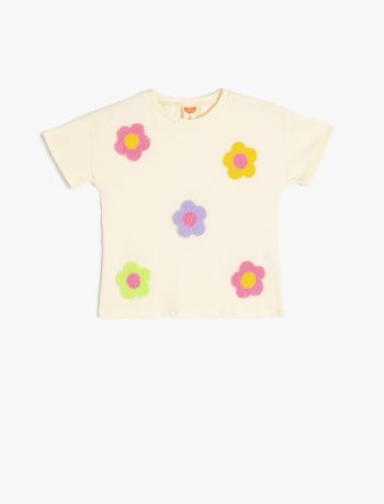 Girls' Cotton T-Shirt with Floral Embroidery and Short Sleeves