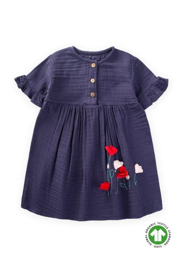 Organic Floral Embroidered Dress for Ages 1-6 Navy Blue