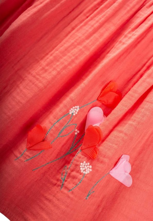 Organic Flower Embroidered Dress for Ages 1-6 Coral