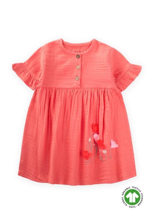 Organic Flower Embroidered Dress for Ages 1-6 Coral