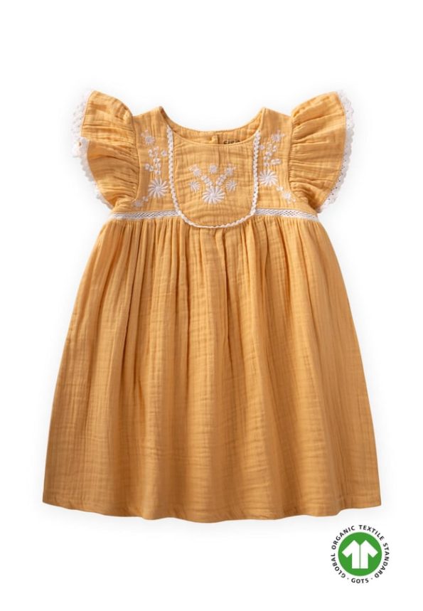 Organic Embroidered Muslin Dress for Girls 2-10 Years Pastel Yellow