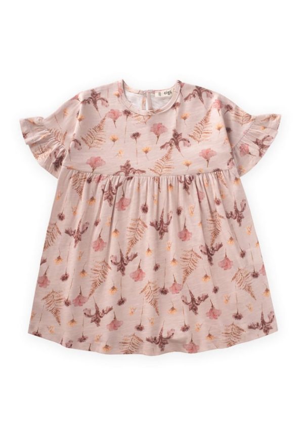 Ruffled Sleeve Printed Dress for Ages 1-7 in Dusty Pink