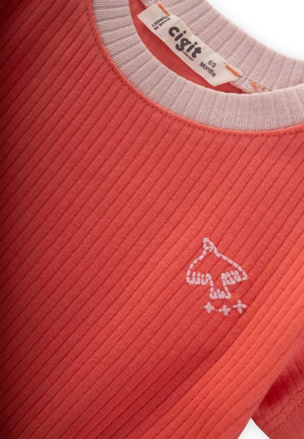 Embroidered Bird Design Ribbed Set for 0-5 Years Coral