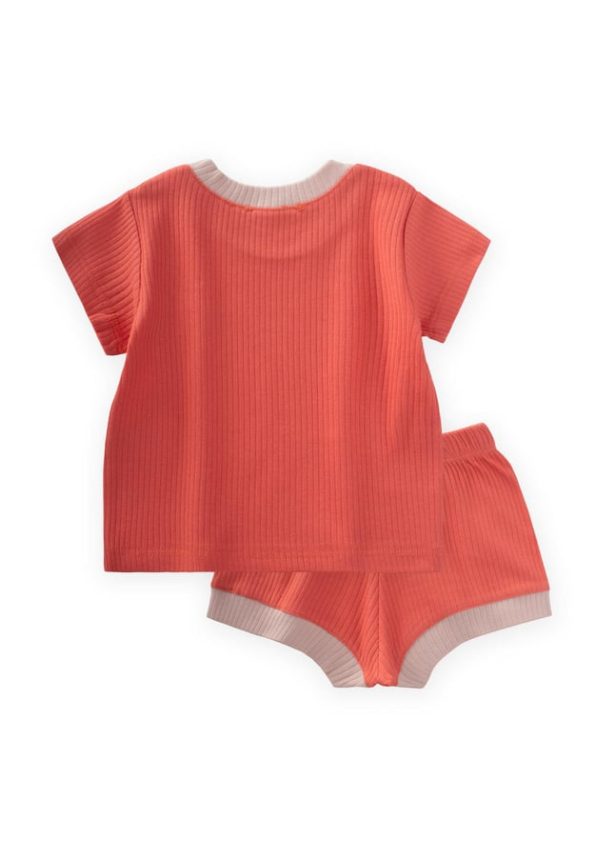 Embroidered Bird Design Ribbed Set for 0-5 Years Coral
