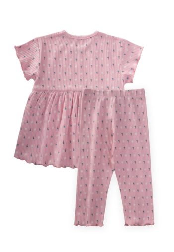 Patterned Ribbed Tunic Set for Ages 1-8 Pink