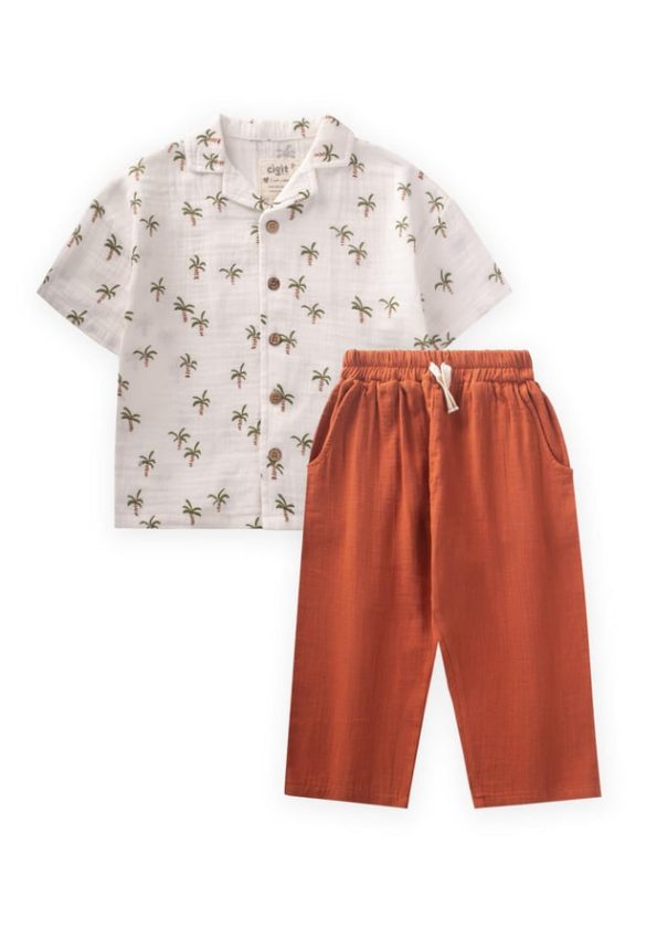 Palm Tree Print Shirt Set for Ages 2-10 in Ecru