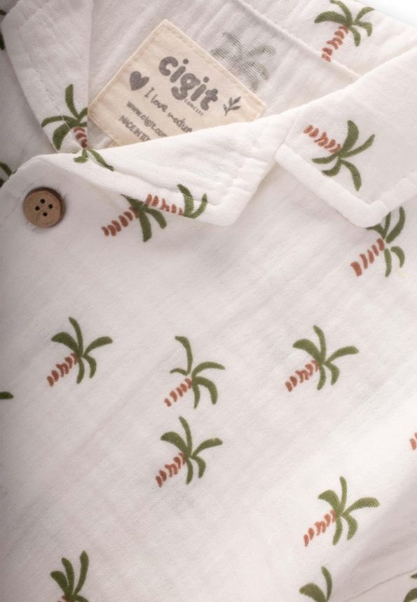 Palm Tree Print Shirt Set for Ages 2-10 in Ecru