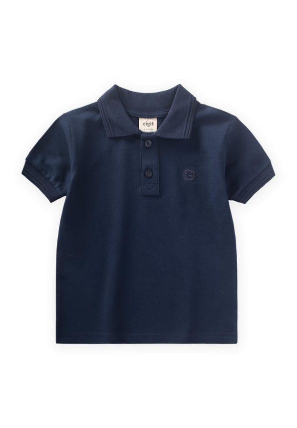 Textured Polo Collar T-Shirt for Ages 2-10 in Navy Blue
