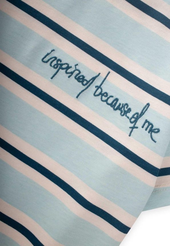 Wide Striped Embroidered T-Shirt for Ages 2-10 in Turquoise and Navy