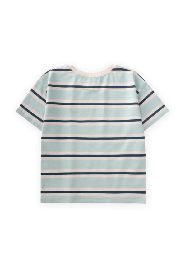 Wide Striped Embroidered T-Shirt for Ages 2-10 in Turquoise and Navy