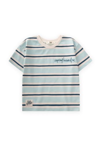 Wide Striped Embroidered T-Shirt for Ages 2-10 in Turquoise and Navy