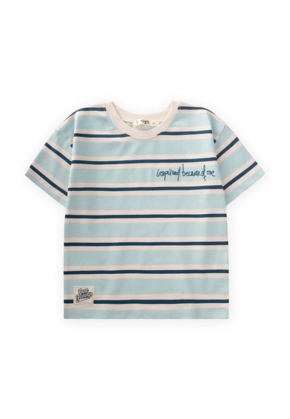 Wide Striped Embroidered T-Shirt for Ages 2-10 in Turquoise and Navy