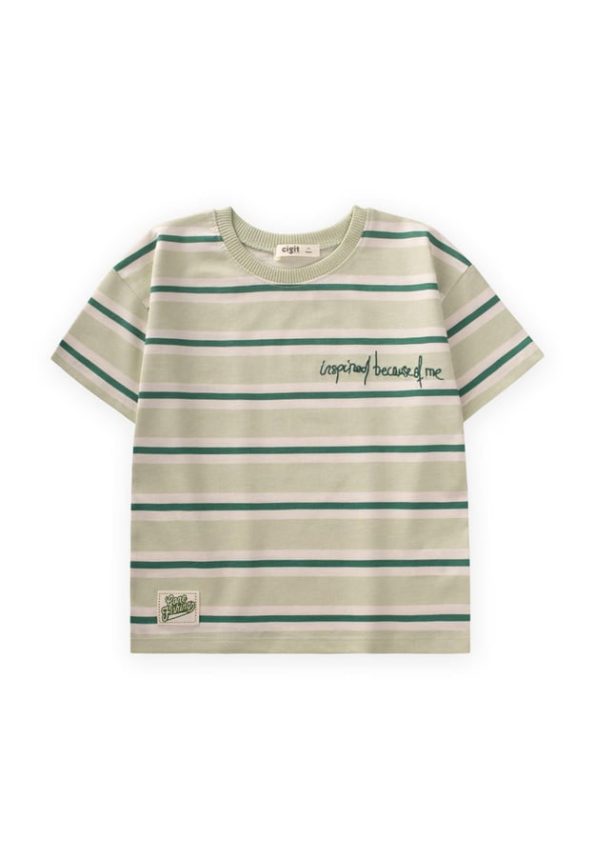 Wide Striped Embroidered T-Shirt for Ages 2-10 in Mint Khaki