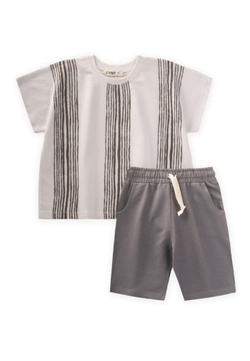 Oversized Striped T-Shirt Set for Ages 2-9 in Ecru Beige