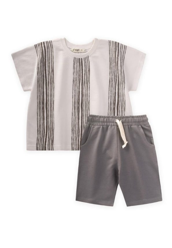 Oversized Striped T-Shirt Set for Ages 2-9 in Ecru Beige