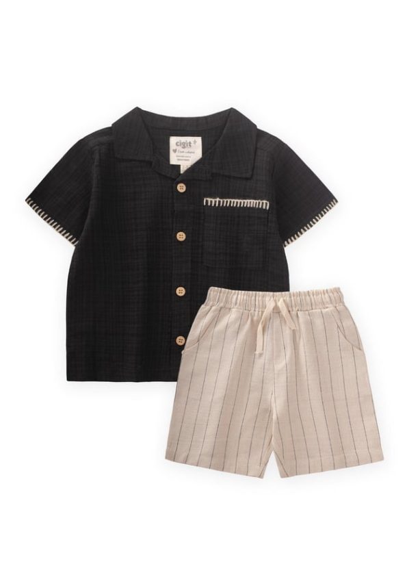 Handcrafted Detail Shirt Set for Ages 2-10 in Black