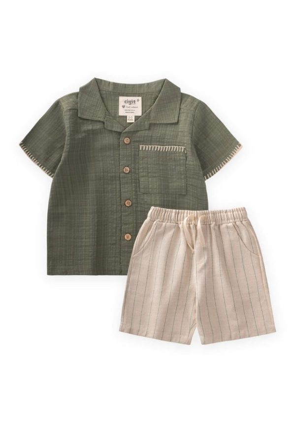 Handcrafted Detail Shirt Set for Ages 2-10 Green