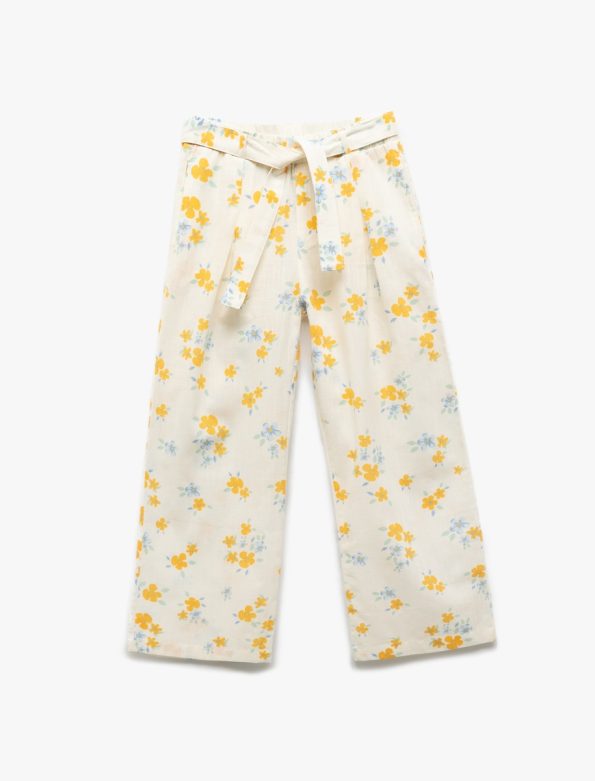 Girls' Cotton Floral Print Wide Leg Trousers with Belt Detail