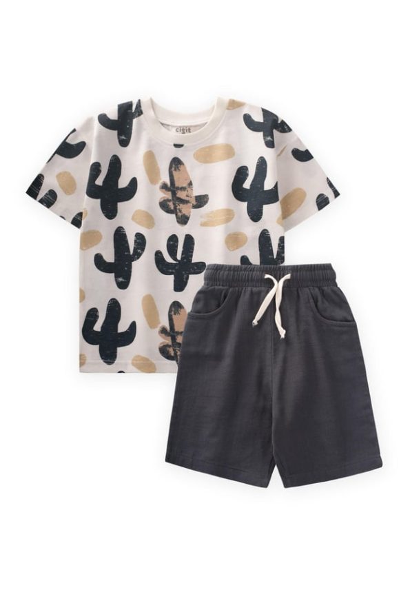 Cactus Print T-Shirt Set for Ages 2-8 Cream
