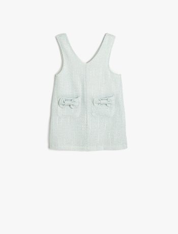 Girls' Cotton Tweed Dress with V-Neck, Pockets, and Bow Detail