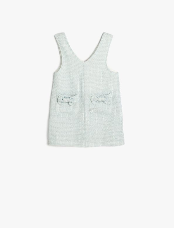 Girls' Cotton Tweed Dress with V-Neck, Pockets, and Bow Detail