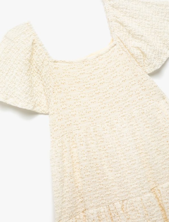 Girls' Short Sleeve Bicycle Neck Pleated Dress with Ruffle Detail
