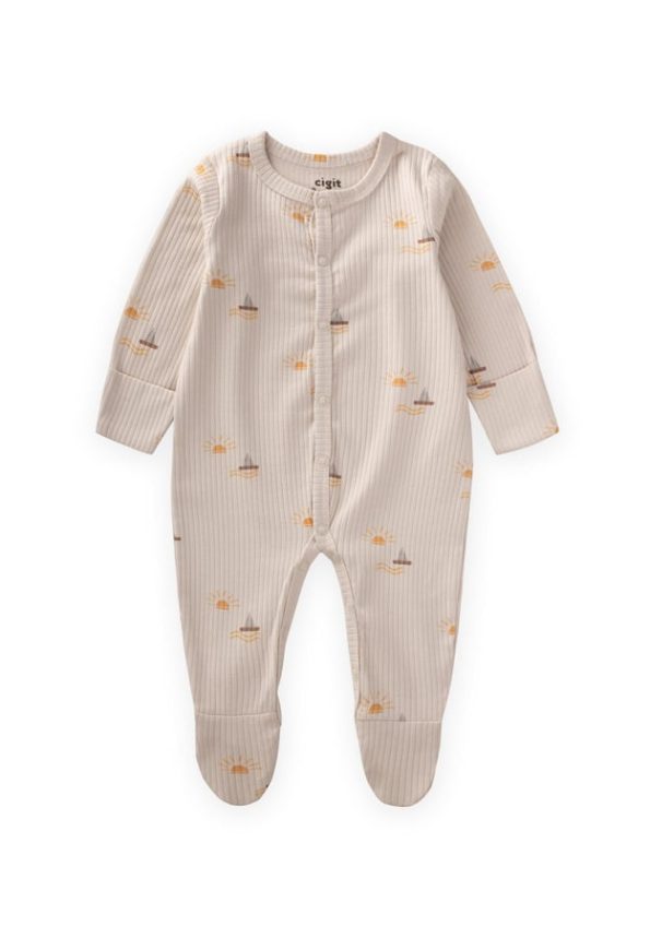 Footed Printed Romper with Gloves for 0-9 Months - Sun Pattern