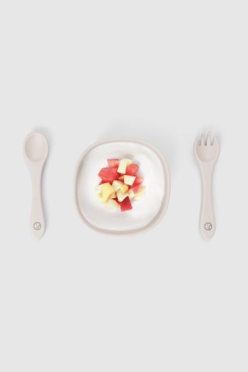 Beige Silicone Vacuum Suction Plate Fork and Spoon Set