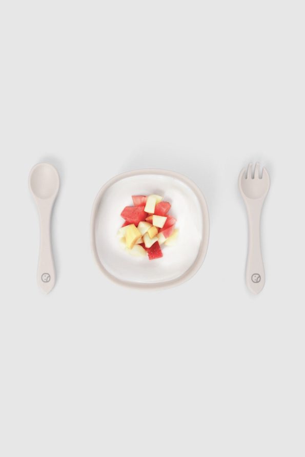 Beige Silicone Vacuum Suction Plate Fork and Spoon Set