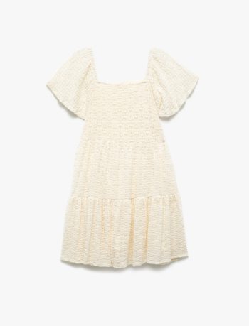 Girls' Short Sleeve Bicycle Neck Pleated Dress with Ruffle Detail