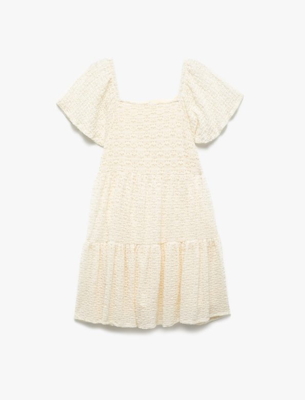 Girls' Short Sleeve Bicycle Neck Pleated Dress with Ruffle Detail