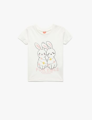 Girls' Short Sleeve Rabbit Print Cotton T-Shirt