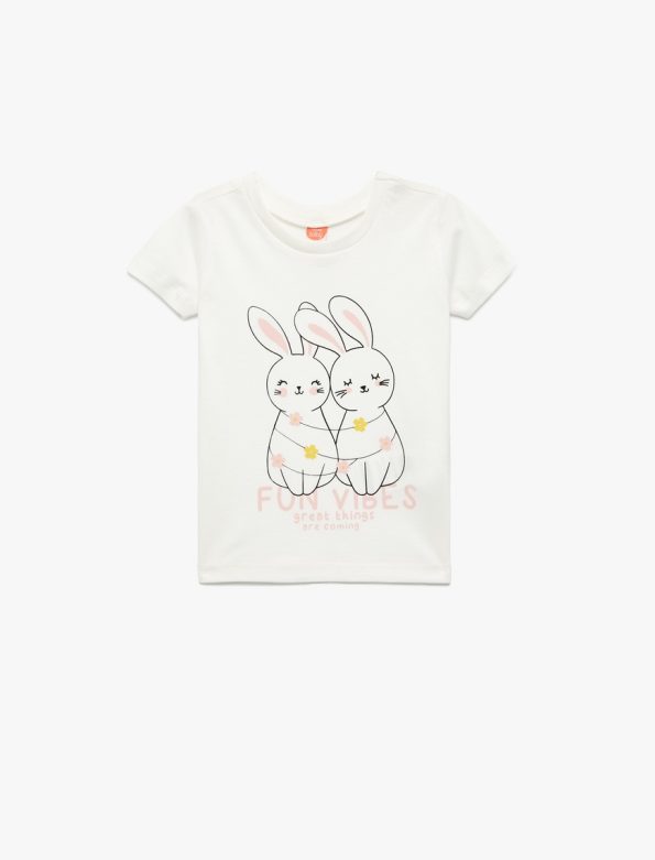 Girls' Short Sleeve Rabbit Print Cotton T-Shirt